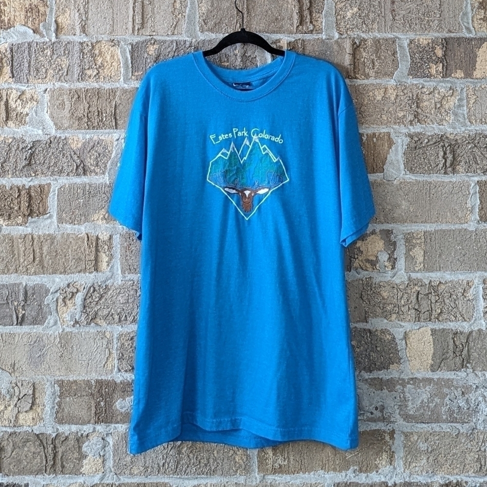 Vintage 90s Embroidered Estes Park Colorado Crew Neck T-Shirt Aqua Blue Unisex